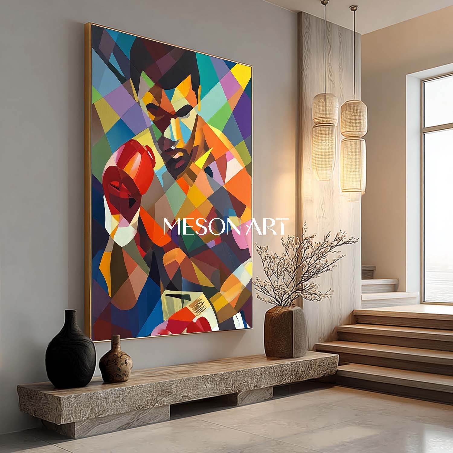 カラフルなボクサー壁アート現代幾何学的抽象スポーツ油絵 – MesonArt