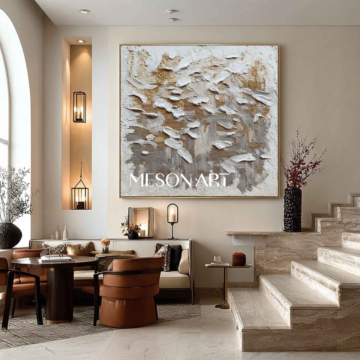 Wabi-Sabi Abstract Art Minimalist Gold Gray White Textured Canvas