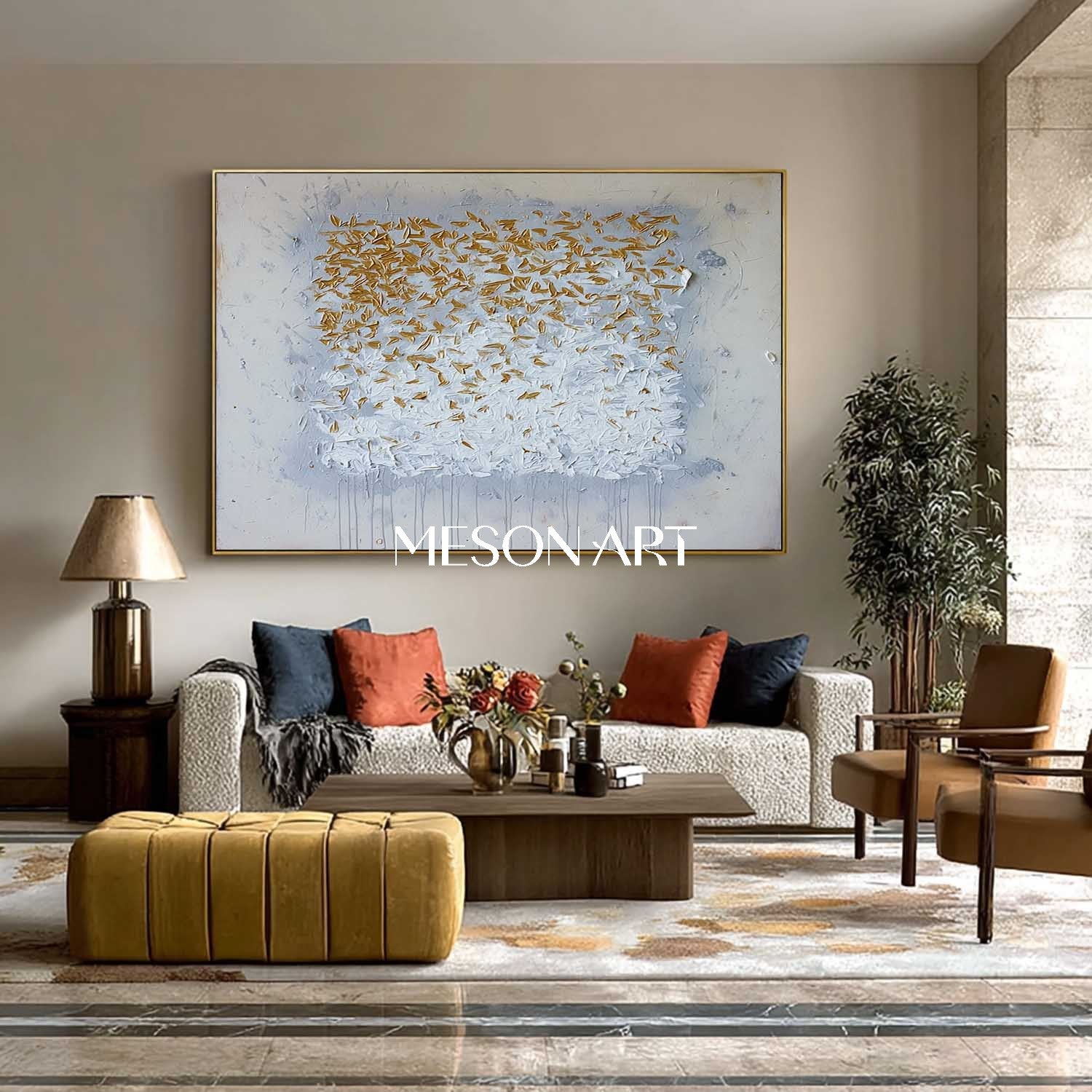 Textured Abstract Painting White and Gold Grey Neutral Canvas Decor