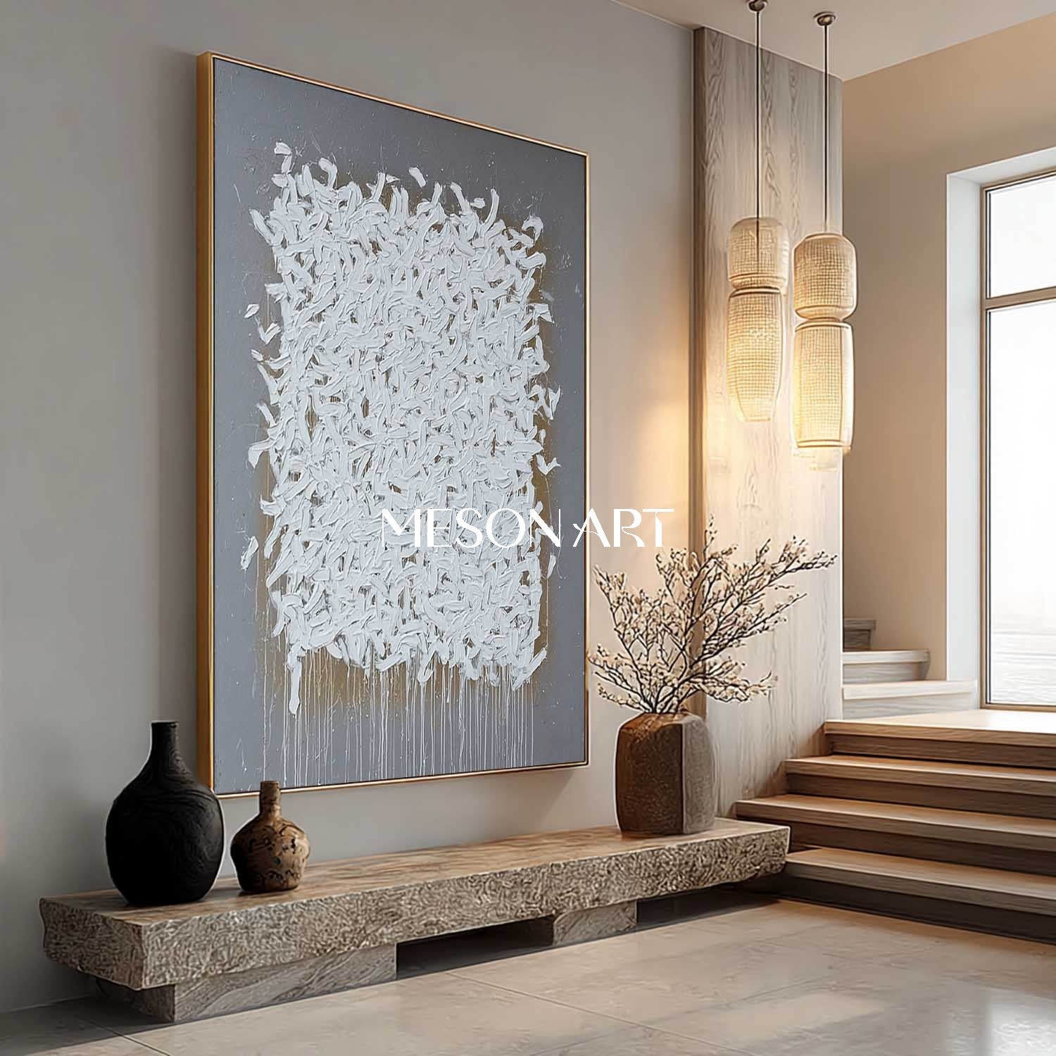 Wabi-Sabi Abstract Painting White Brush Strokes Grey Minimalist Canvas