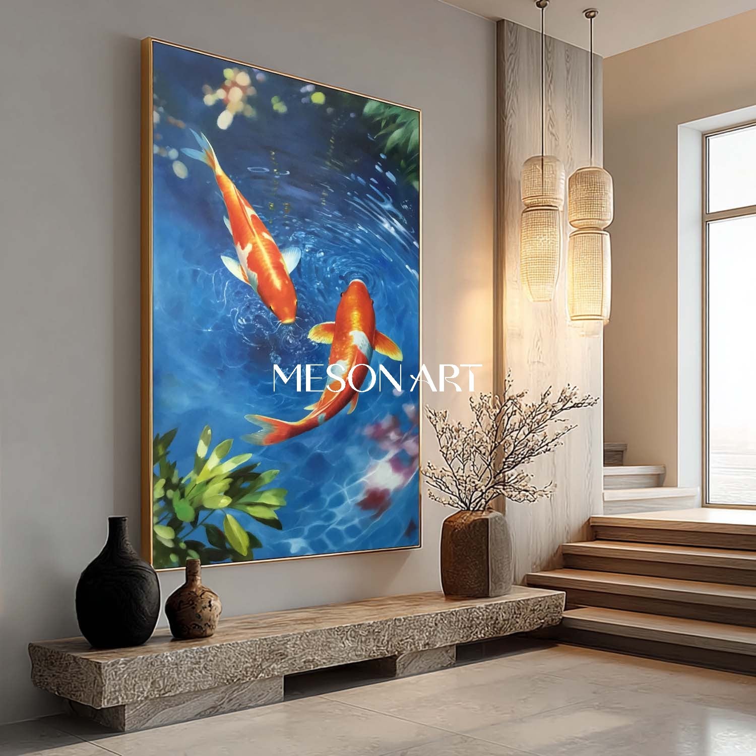 手描き垂直鯉魚額装キャンバス青い水の壁アート – MesonArt