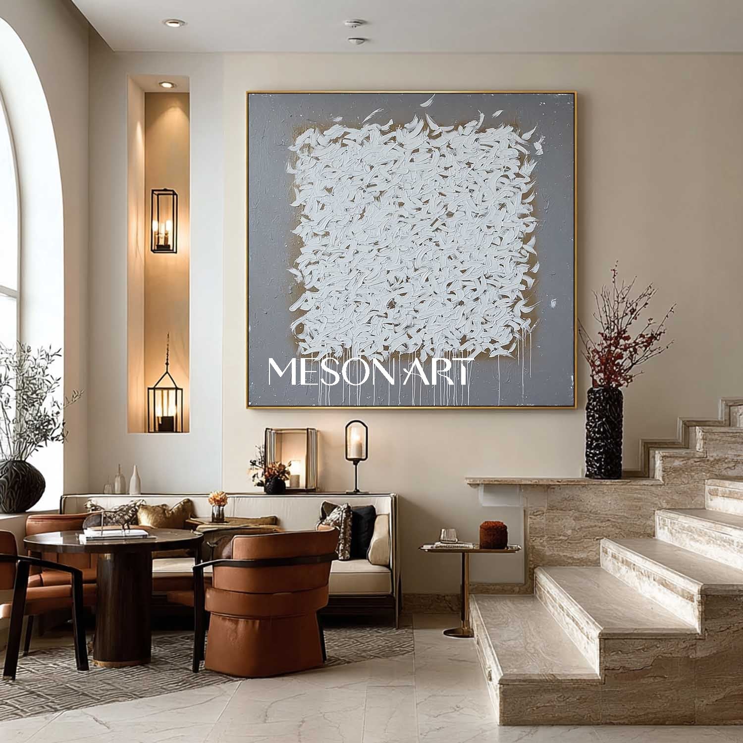 Wabi-Sabi Abstract Oil Painting White Brush Strokes Grey Canvas Art