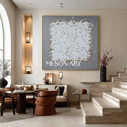 Wabi-Sabi Abstract Oil Painting White Brush Strokes Grey Canvas Art