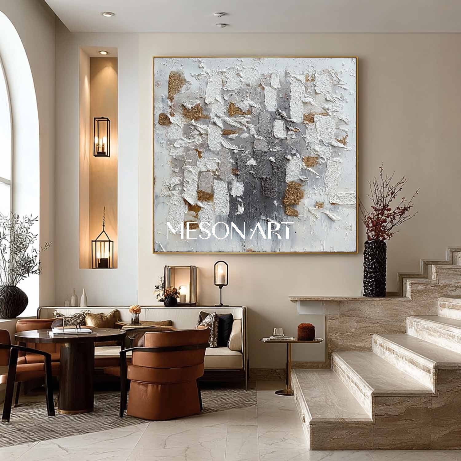 Geometric Abstract Wabi-Sabi Painting Textured White Grey Gold Canvas