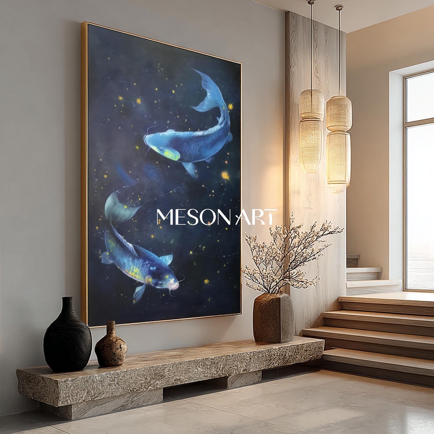 豪華な手描きの青い鯉魚壁アート風水キャンバス絵画 – MesonArt