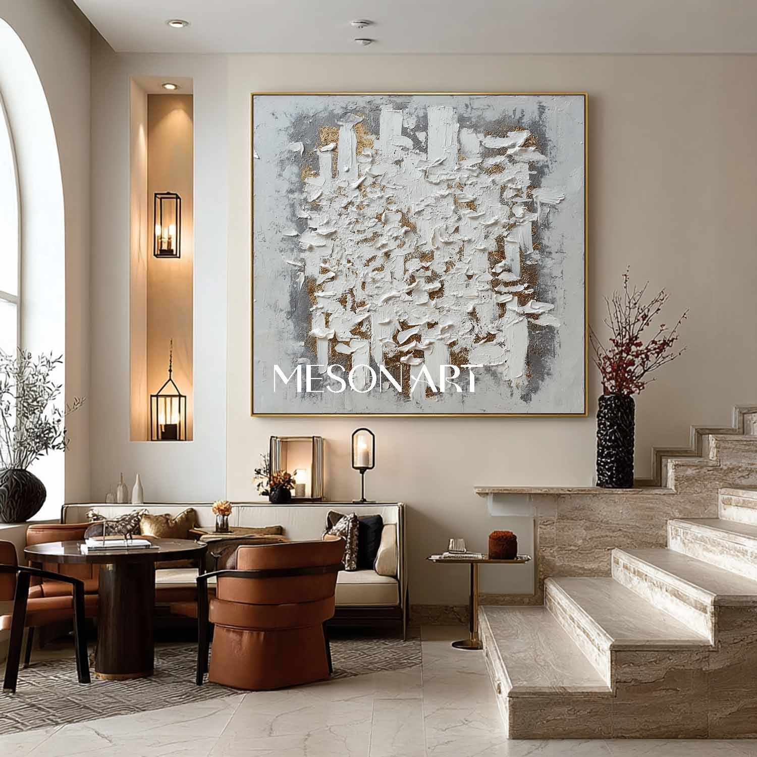 Wabi-Sabi Abstract Painting Textured Canvas White Gold Modern Wall Art