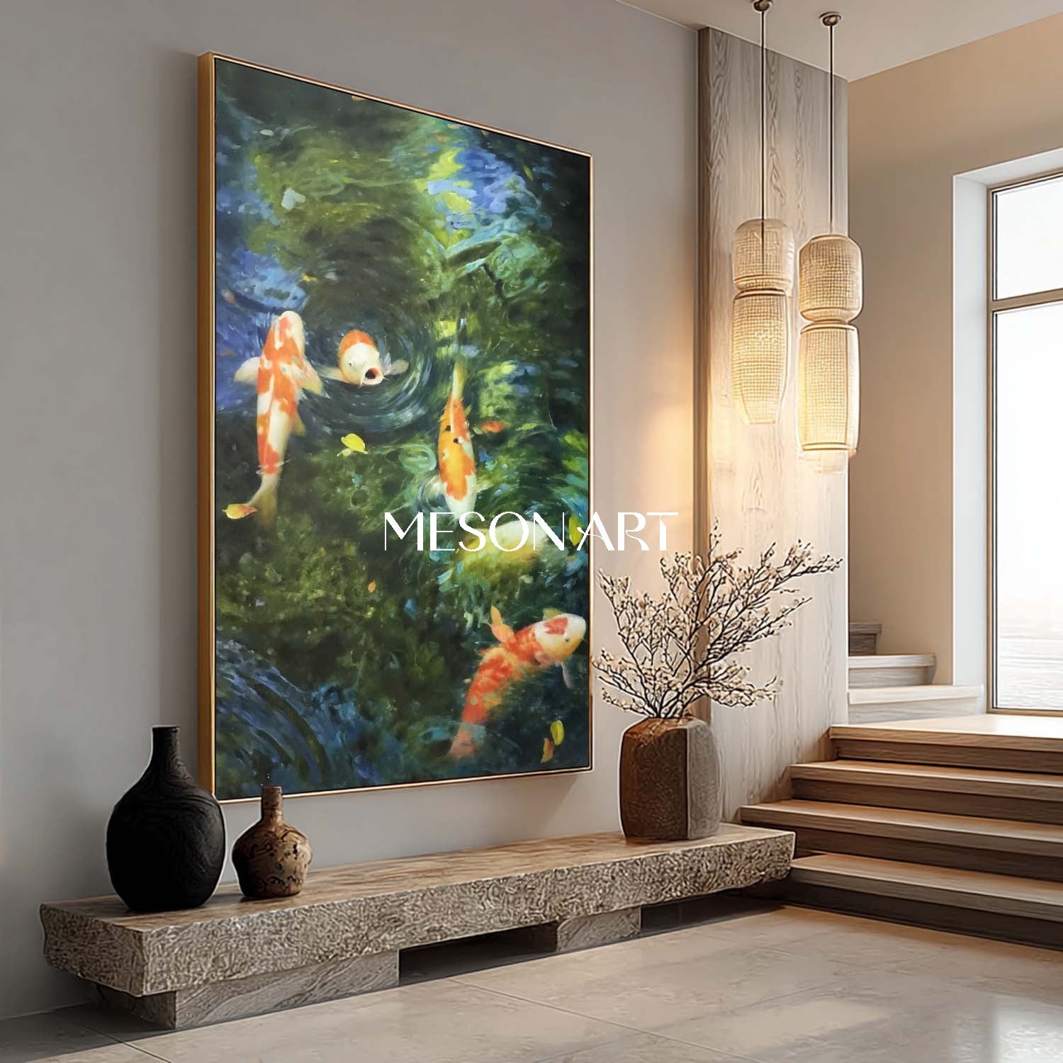 Large Green Textured Oil Painting Water Koi Pond Living Room Art Decor