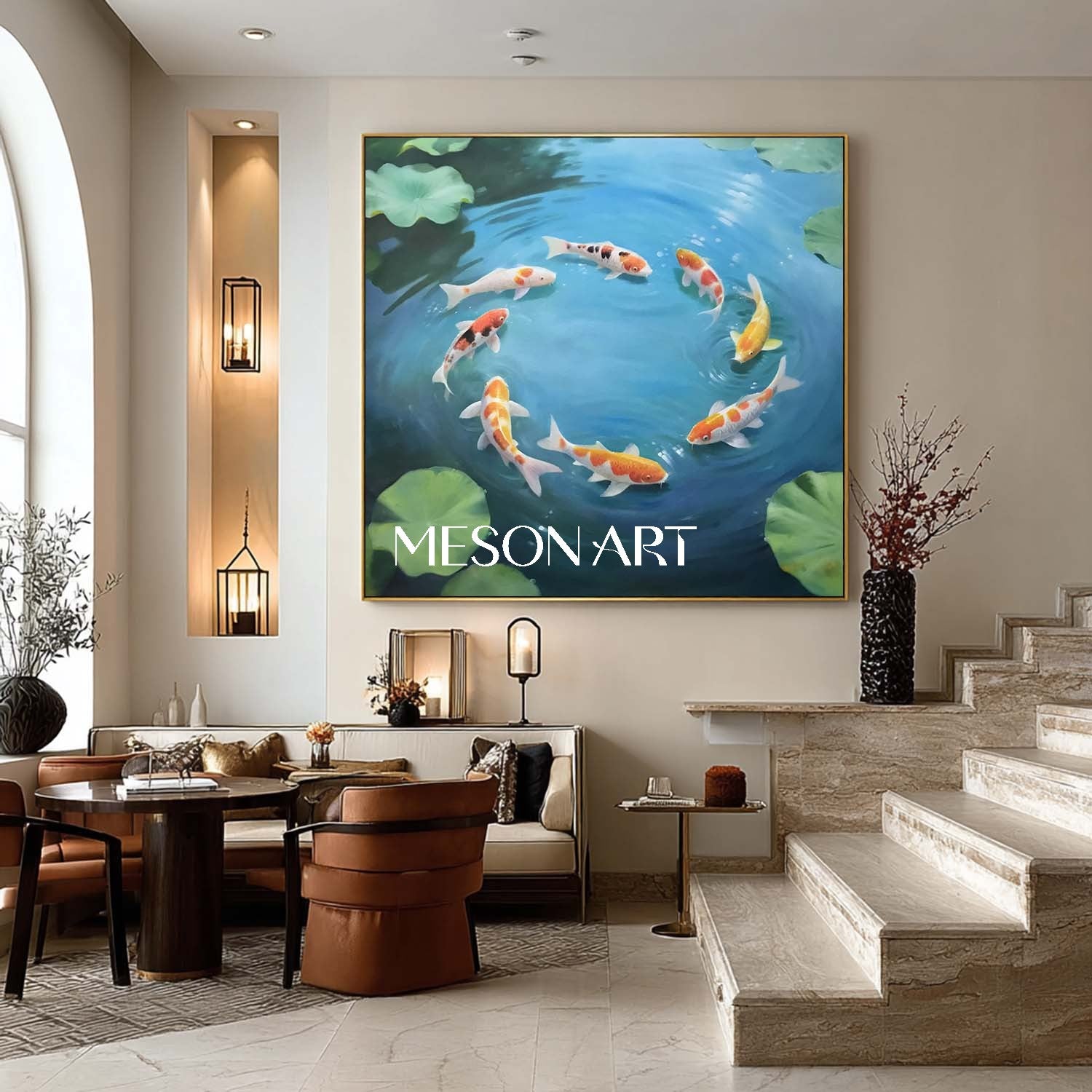 Modern Koi Fish Painting Pond Water Realism Wall Art for Living Room