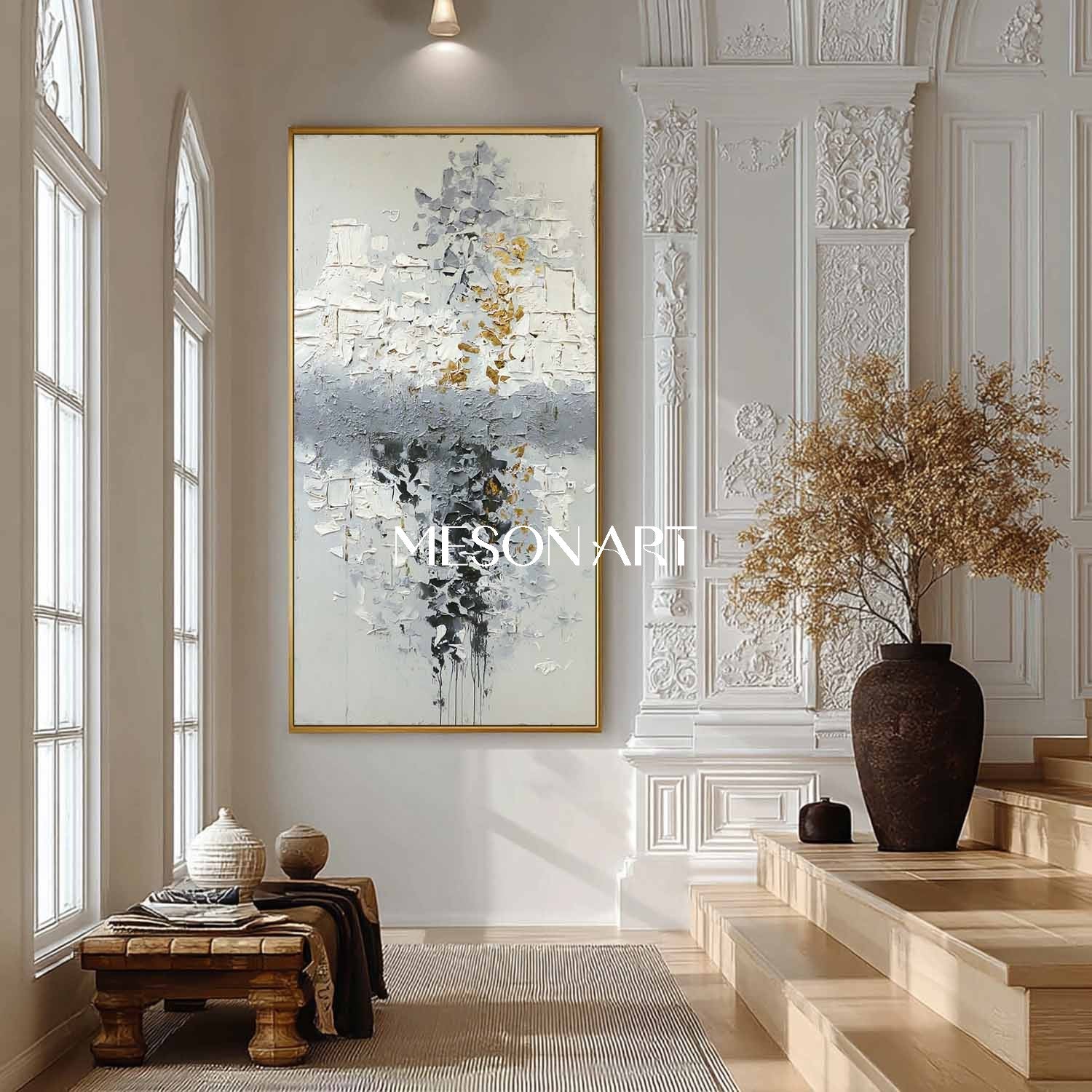 Vertical Abstract Painting Grey White Gold Textured Canvas Wall Decor