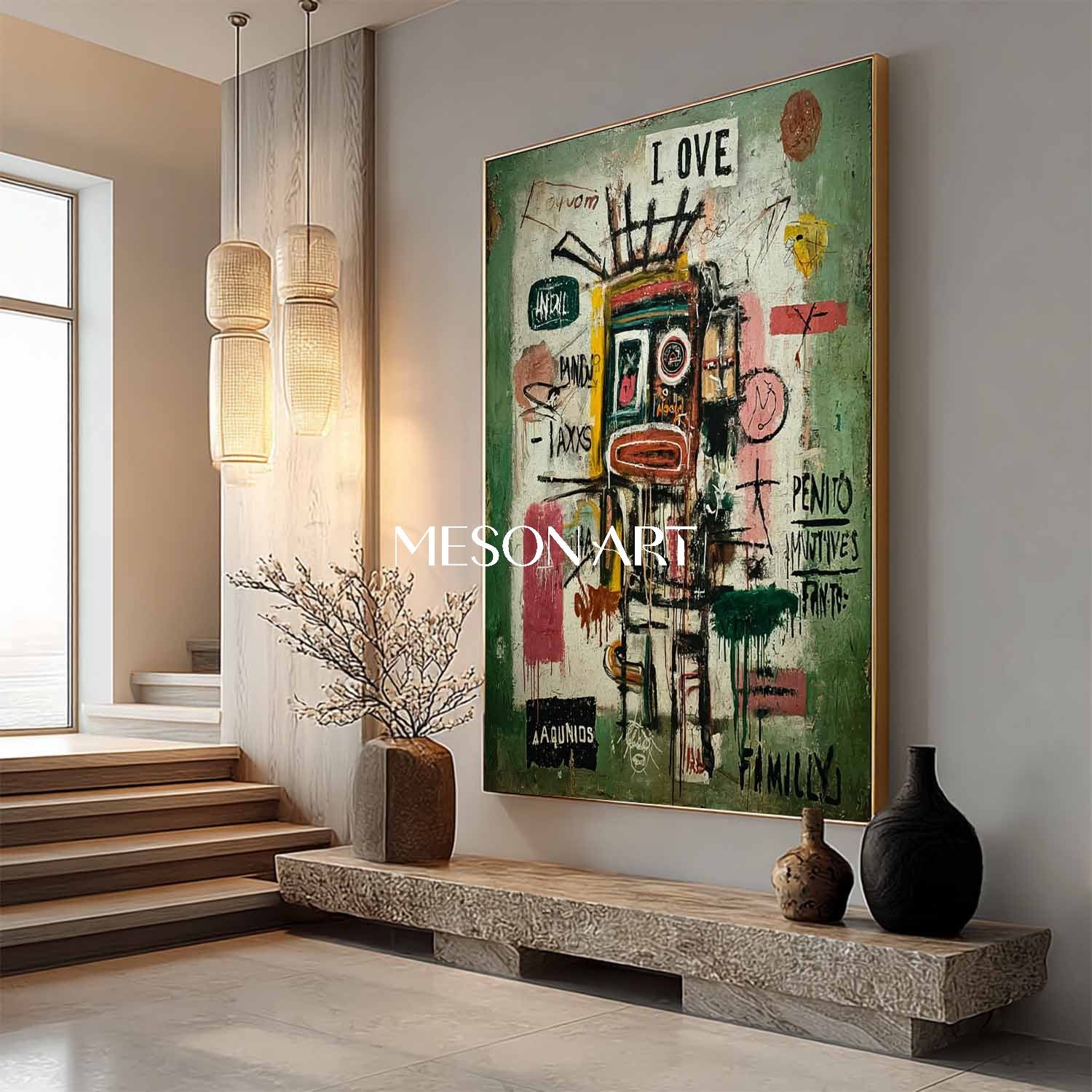 Basquiat Style Green Grafitti Abstract Wall Art Canvas Bedroom On Sale