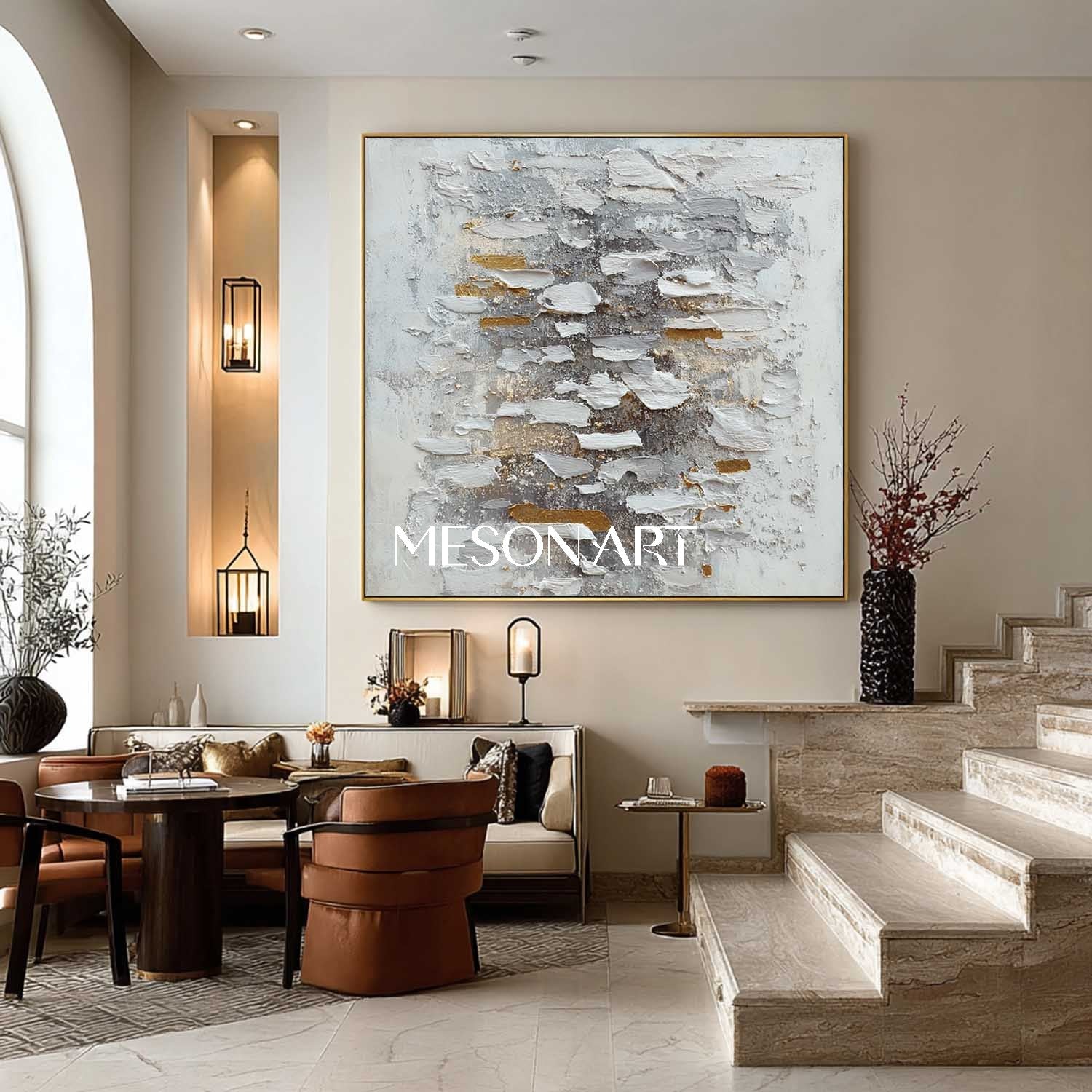 Handmade Abstract Wabi-Sabi Canvas Textured White Grey Gold Wall Art