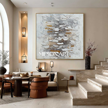Handmade Abstract Wabi-Sabi Canvas Textured White Grey Gold Wall Art