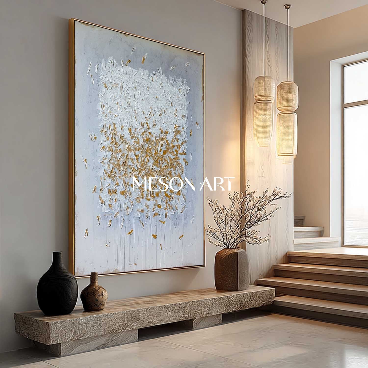 Large Abstract Canvas Painting Blue and Gold Brush Strokes Wall Art