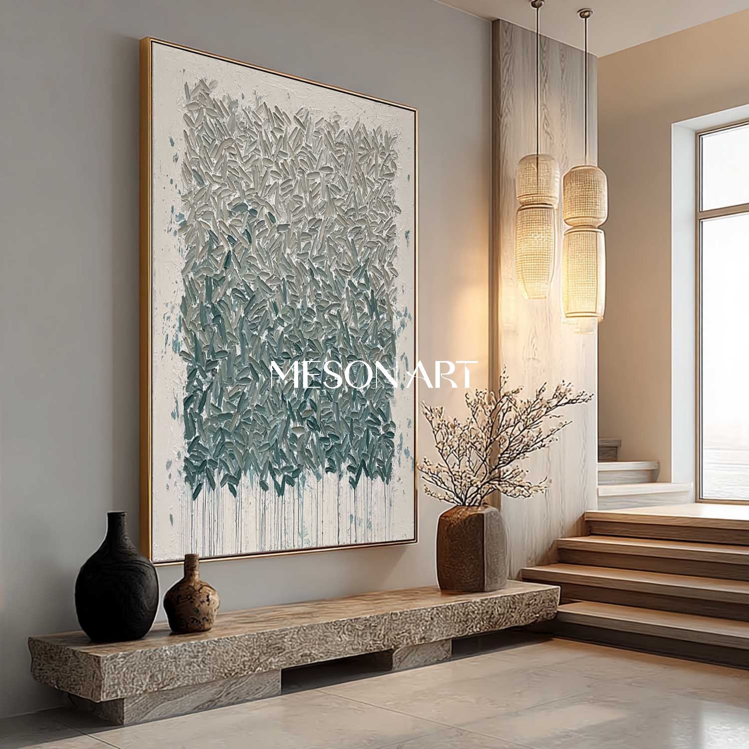 Abstract Expressionism Oil Painting Grey-Blue Green Textured Wall Art