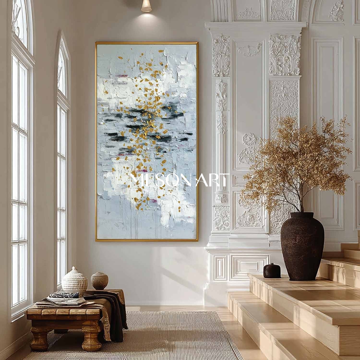 Vertical Abstract Wall Art Blue Gold Accents Large Textured Painting