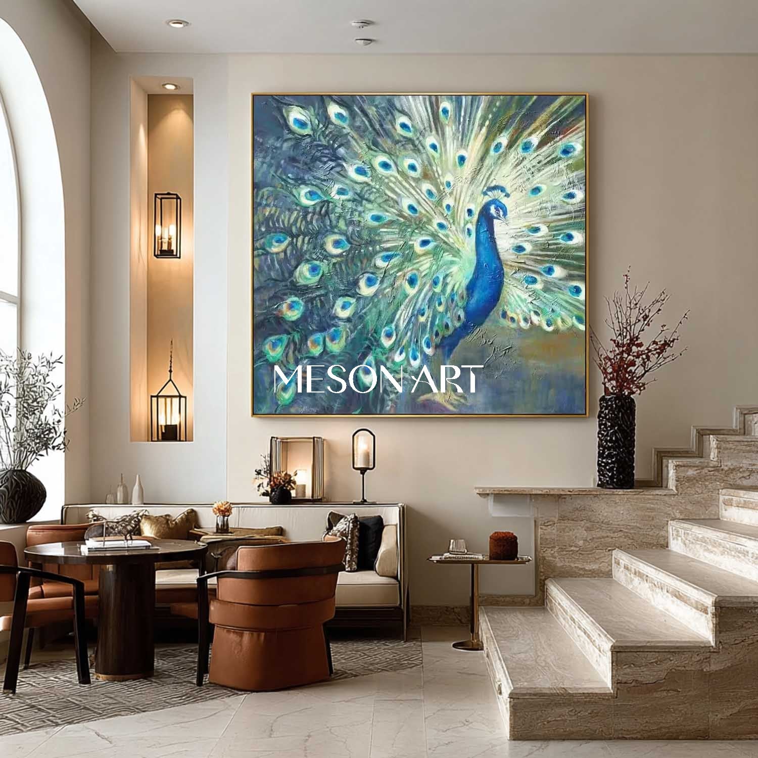 Handmade Modern Luxury Golden Peacock Wall Art Vibrant Canvas Painting