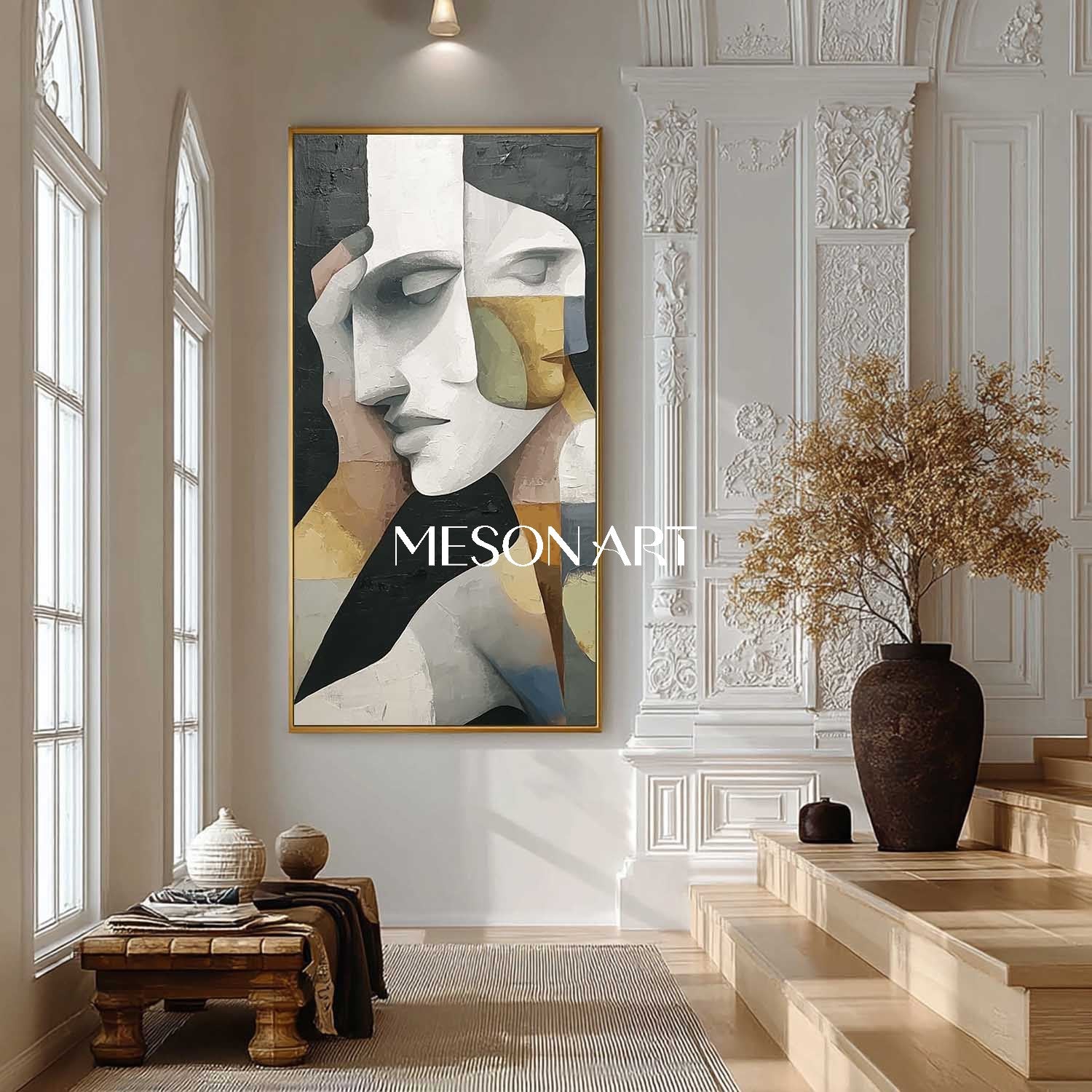 Buy Abstract Cubism Painting Textured Vertical Framed Wall Art On Sale