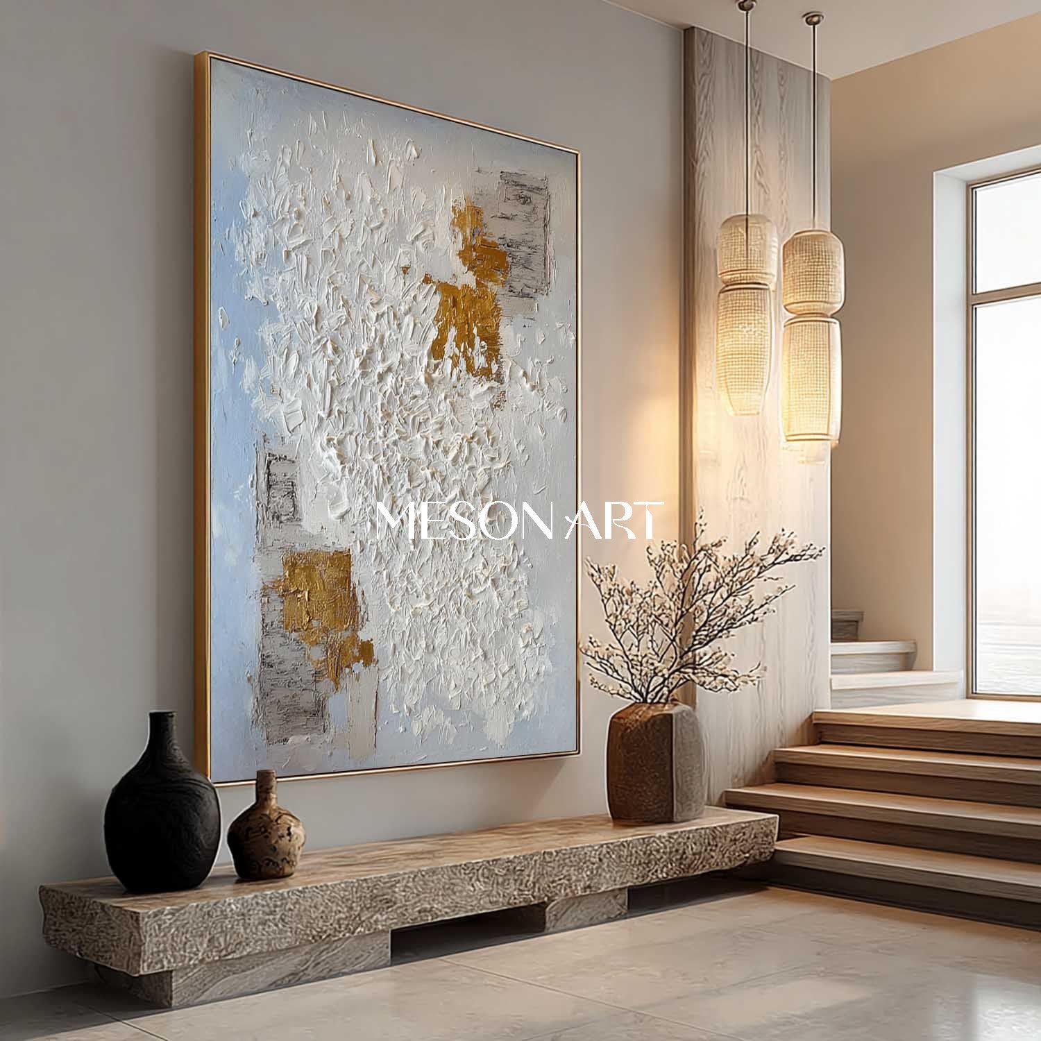 Abstract Expressionist Painting White Gold Texture Contemporary Art