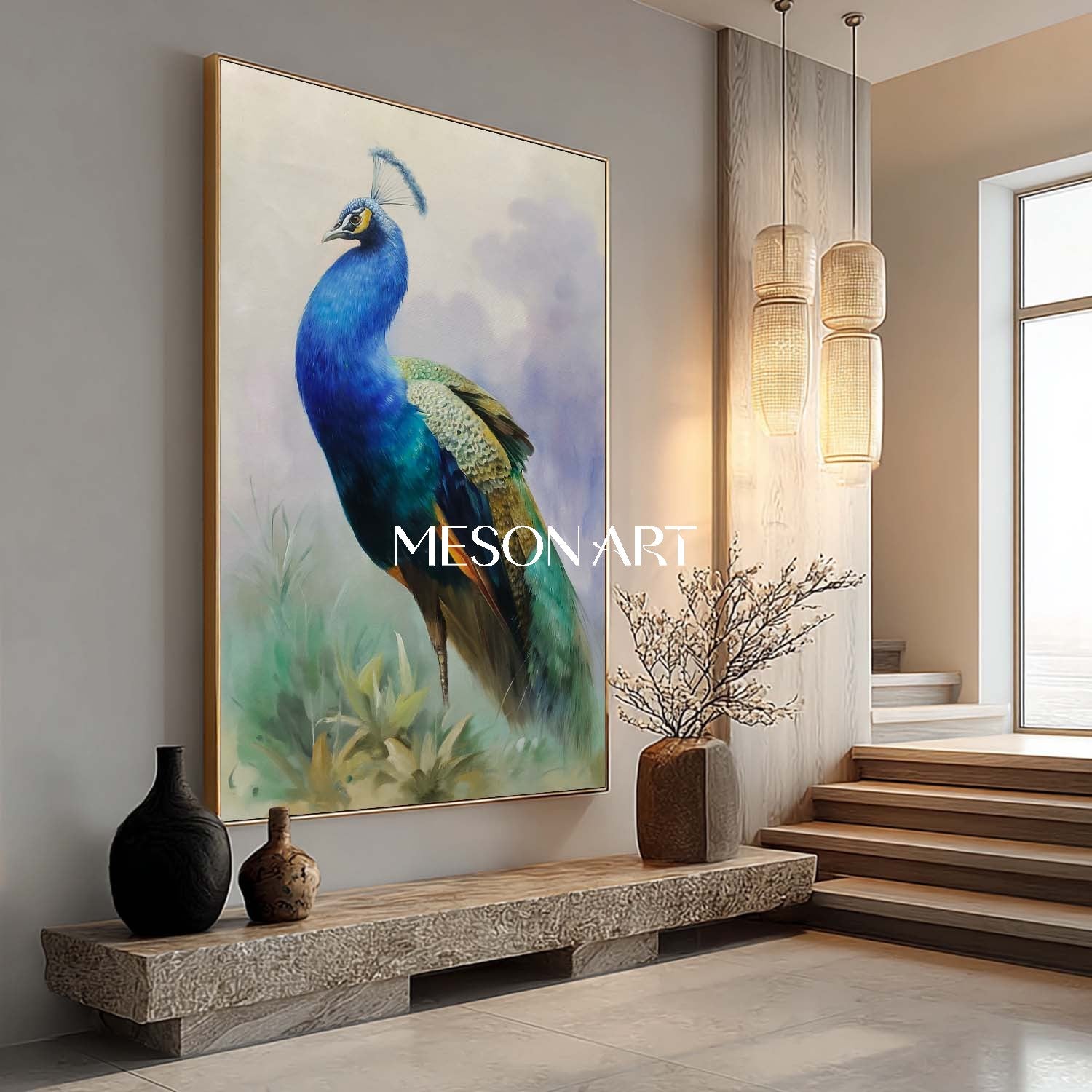 Buy Realistic Blue Peacock Oil Painting Large Hand Painted Wall