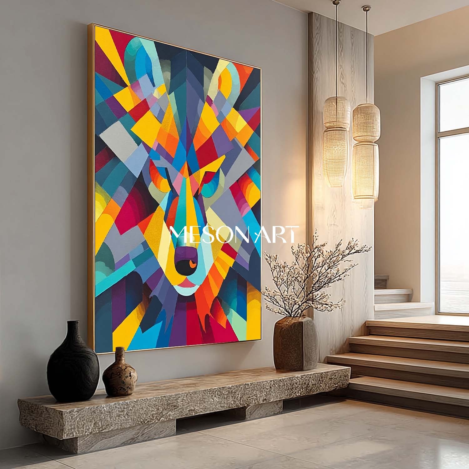 Pop Cubism Wolf Painting Geometric Colorful Abstract Animal Artwork