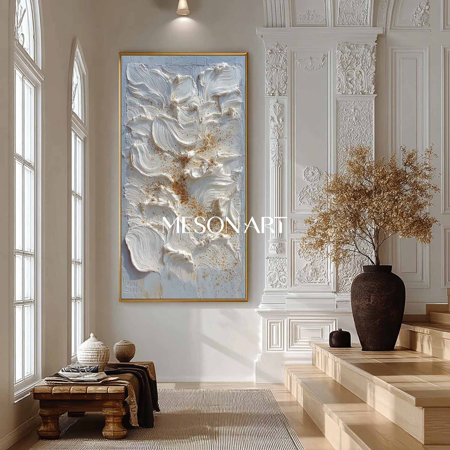 Vertical Abstract Painting White Petals Gold Textured Impasto Wall Art