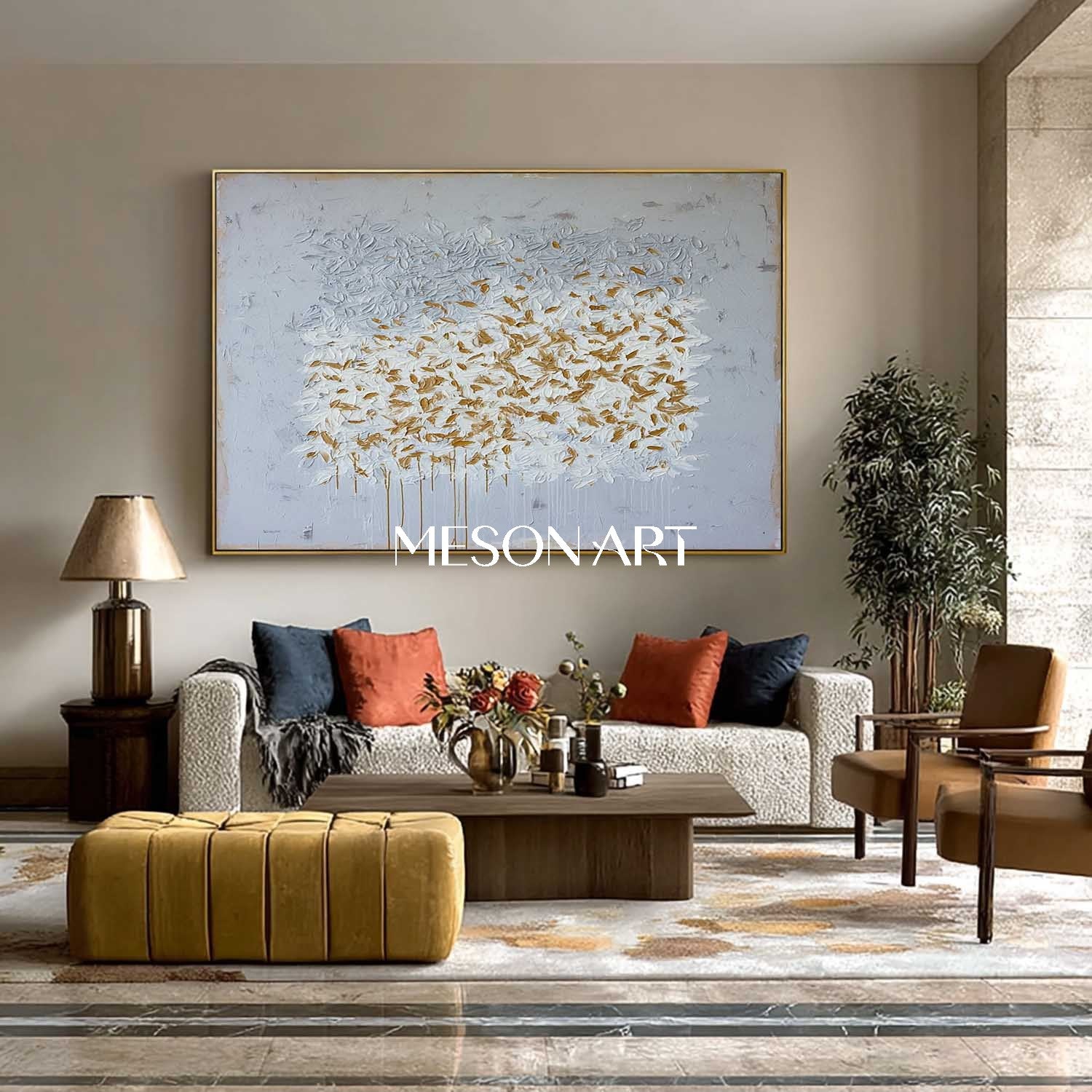 Abstract Expressionist Horizontal Painting Grey White Gold Canvas Art