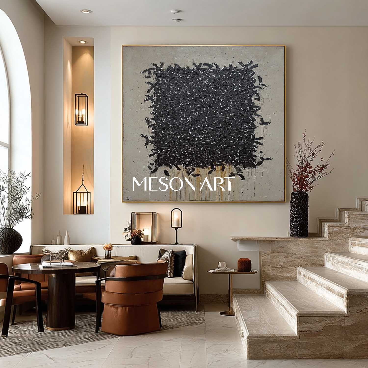 Black Taupe Abstract Artwork Textured Brush Strokes Modern Wall Art