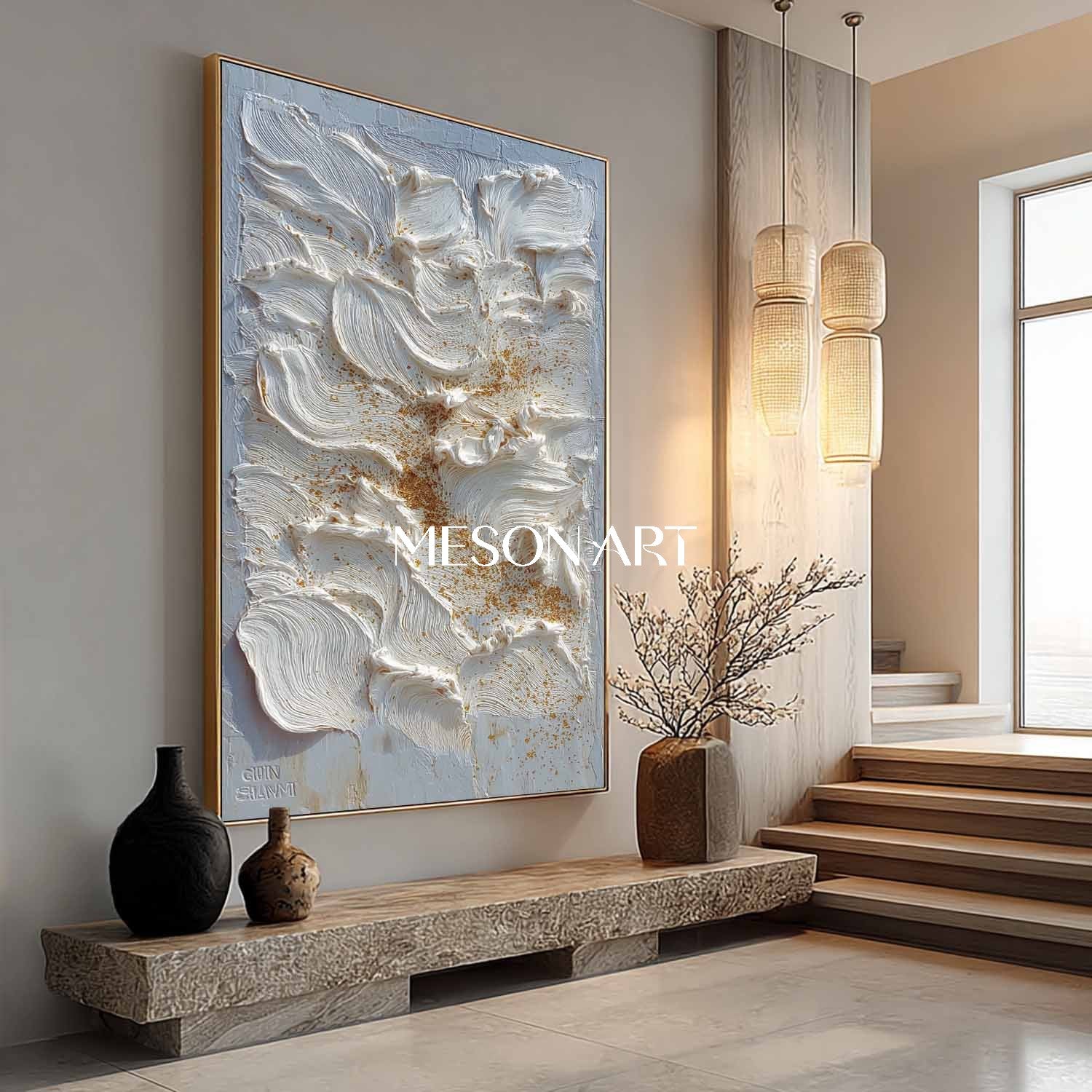 Vertical Abstract Painting White Petals Gold Textured Impasto Wall Art