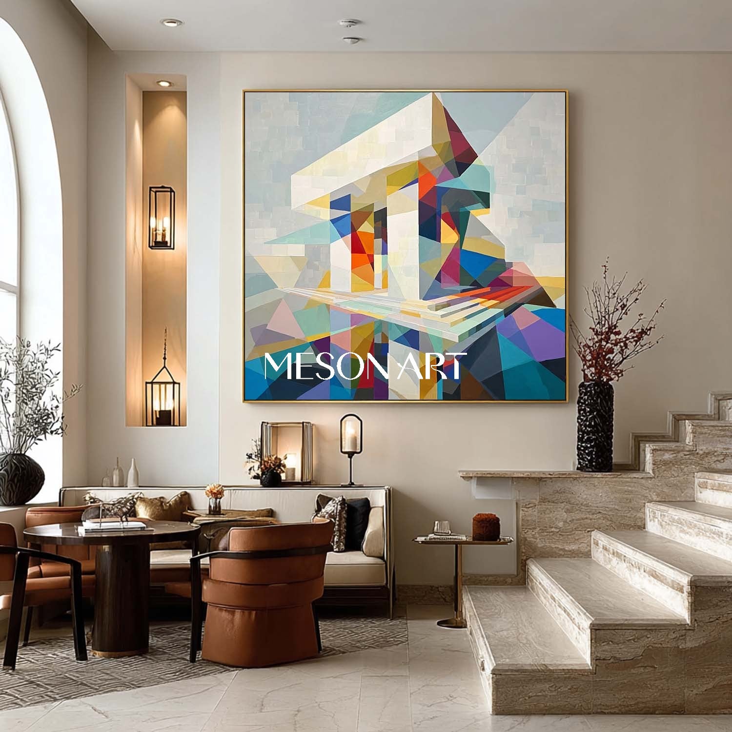 Colorful Geometric Building Wall Art Modern Abstract Structure Office