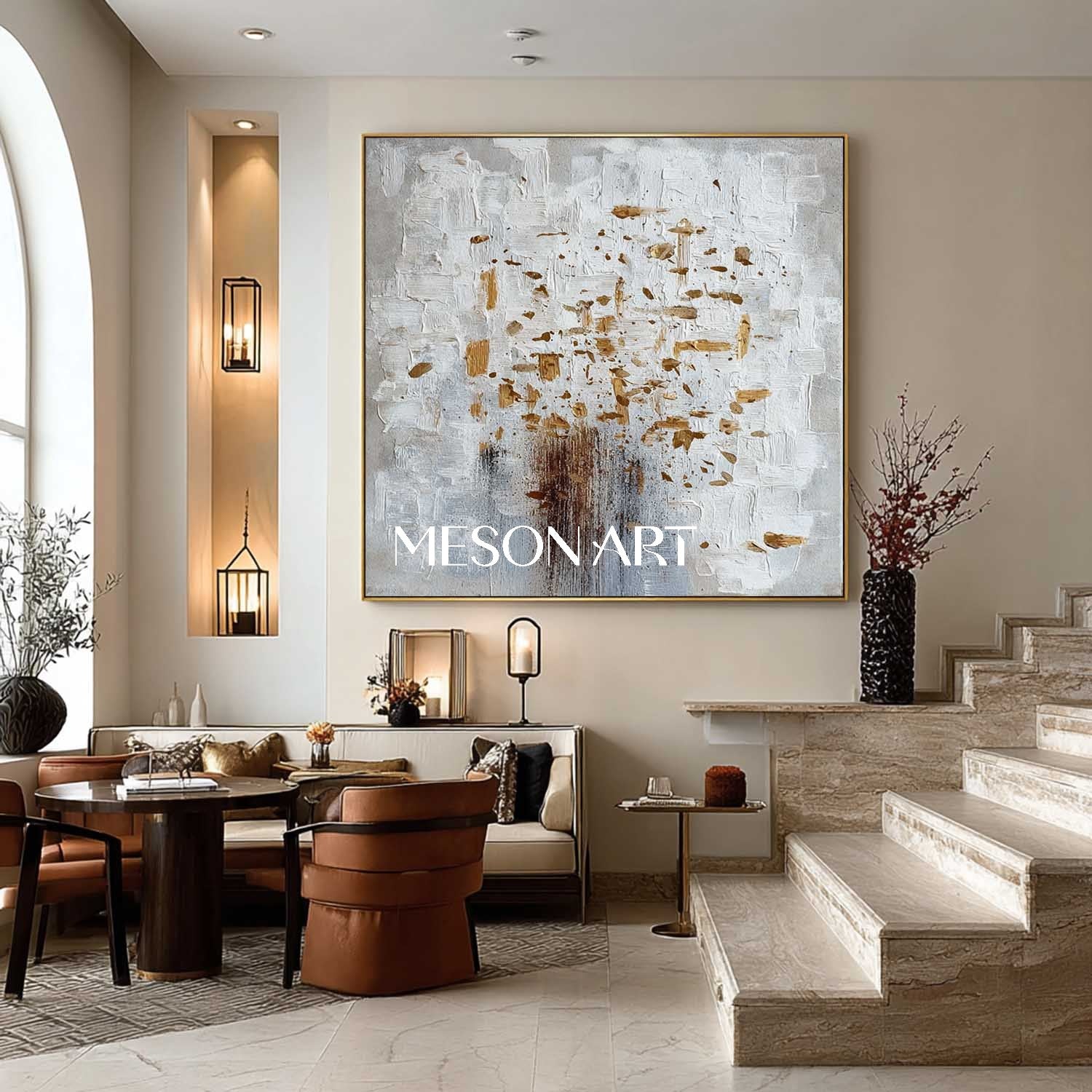 Abstract Canvas Painting White Grey Gold Texture Minimalist Home Decor