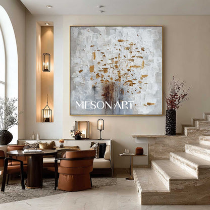Abstract Canvas Painting White Grey Gold Texture Minimalist Home Decor