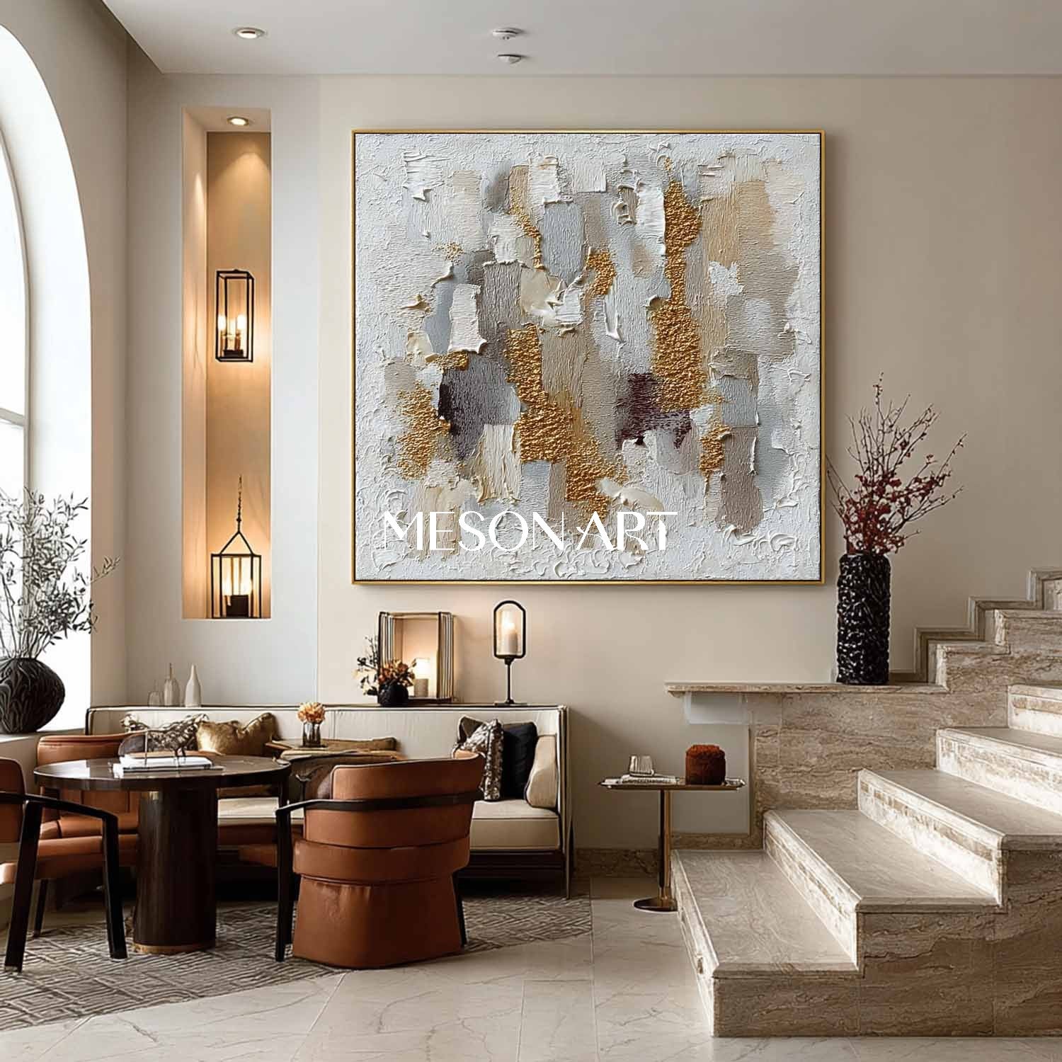 Geometric Abstract Wabi-Sabi Painting Textured White Grey Gold Canvas