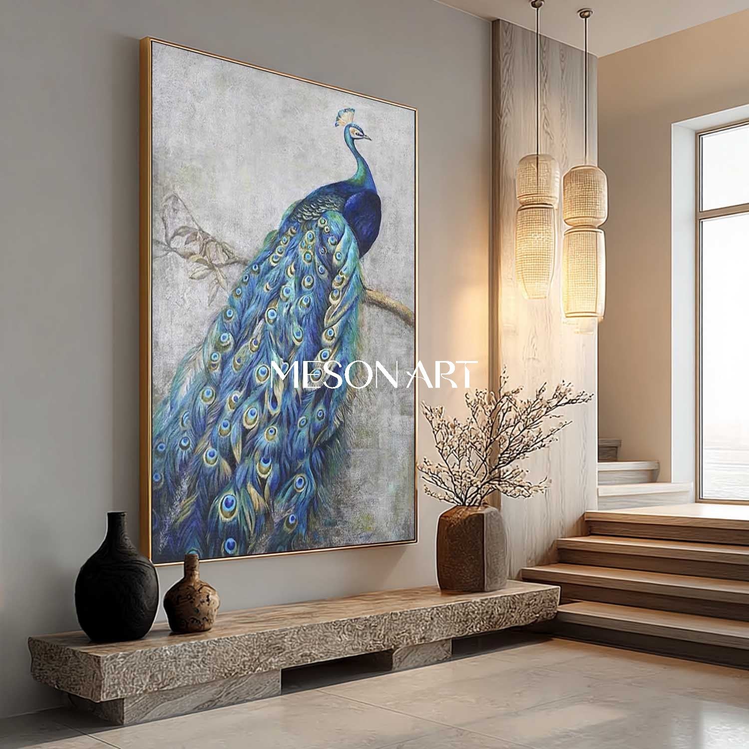 Luxury Blue Peacock Wall Art Large Modern Hand-Painted Canvas Painting