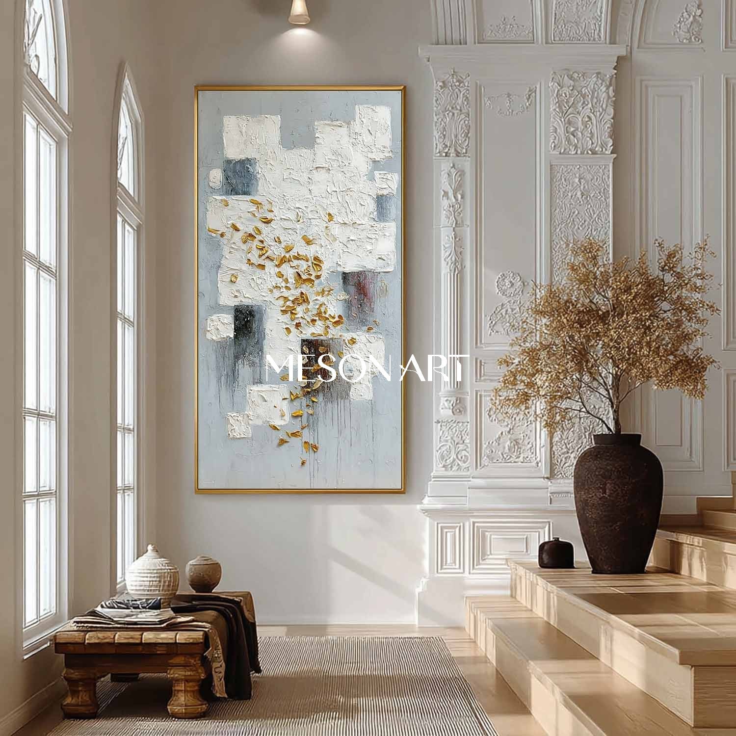 Vertical Abstract Painting White Blocks with Gold Textured Wall Art