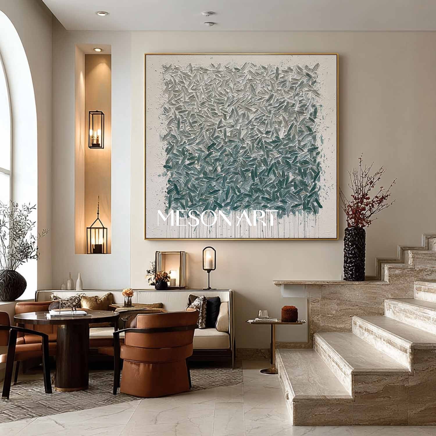 Teal Abstract Wall Art Textured Blue-Green Wabi-Sabi Canvas Painting