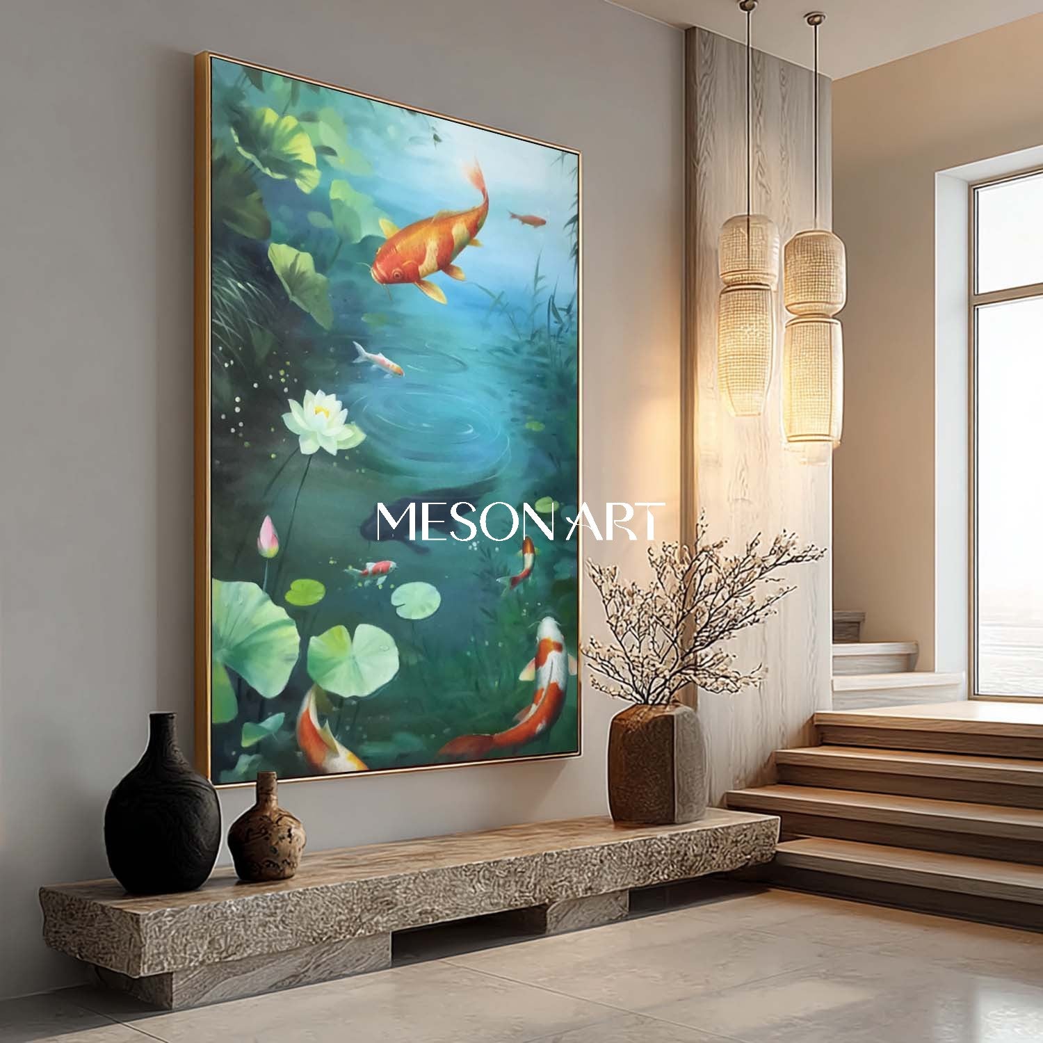 Tranquil Oil Painting Blue Pond Koi Fish Zen Interiors Wall Art Decor