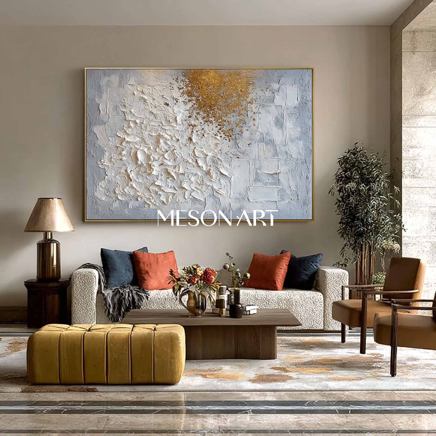 Textured Abstract Painting White and Gold Grey Neutral Canvas Decor