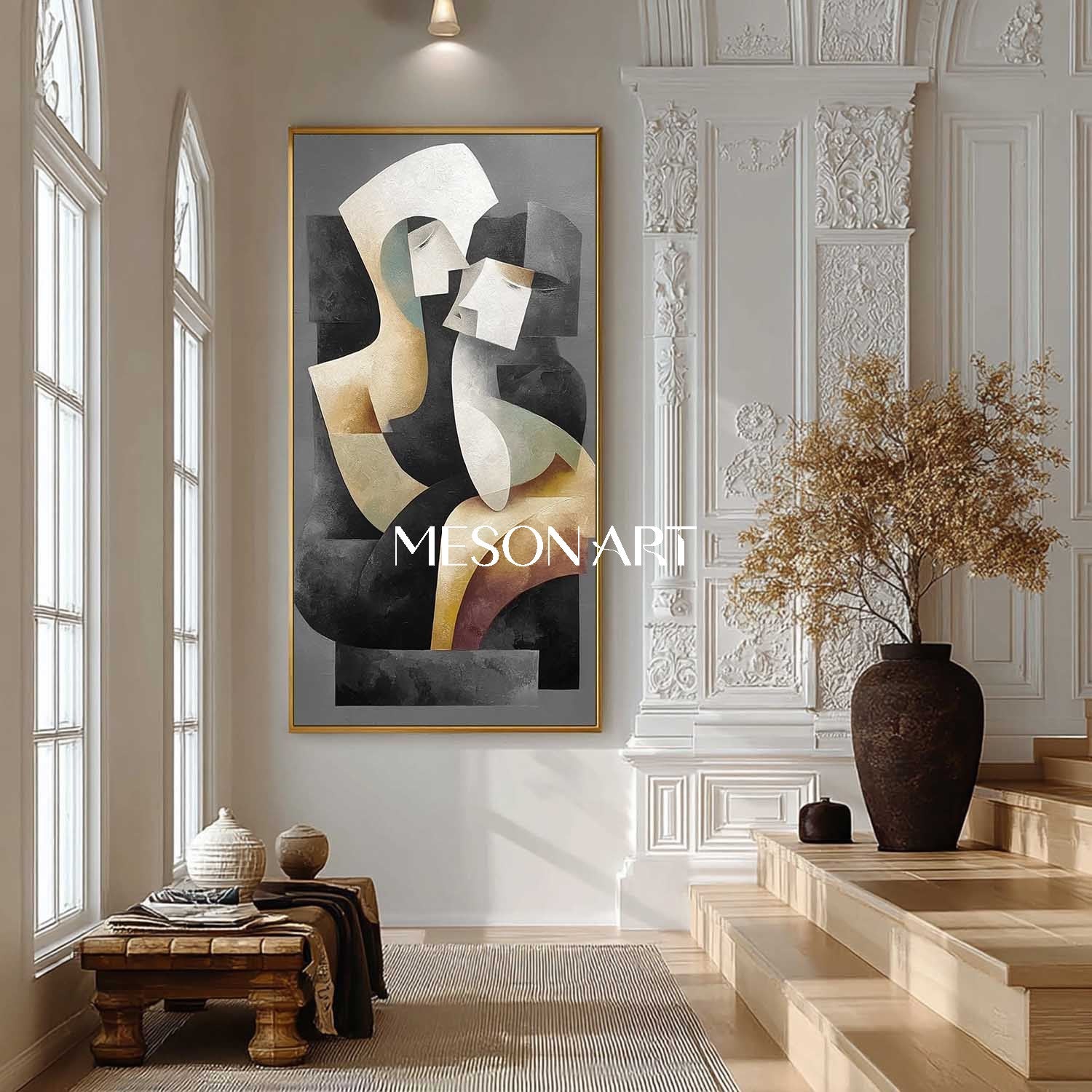 Modern Abstract Textured Canvas Black Couple Neutral Palette Artwork