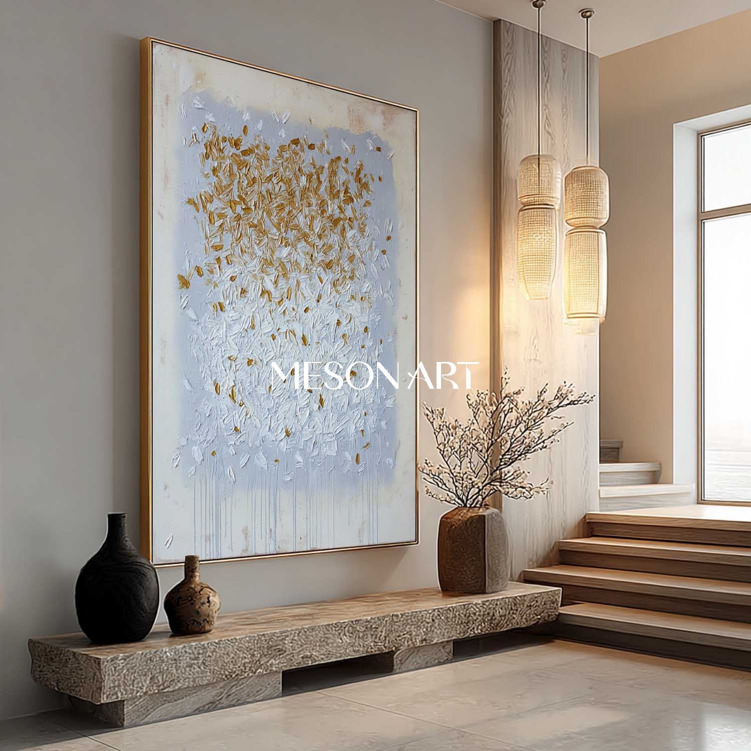 Modern Abstract Oil Painting Grey White Gold Luxury Contemporary Decor