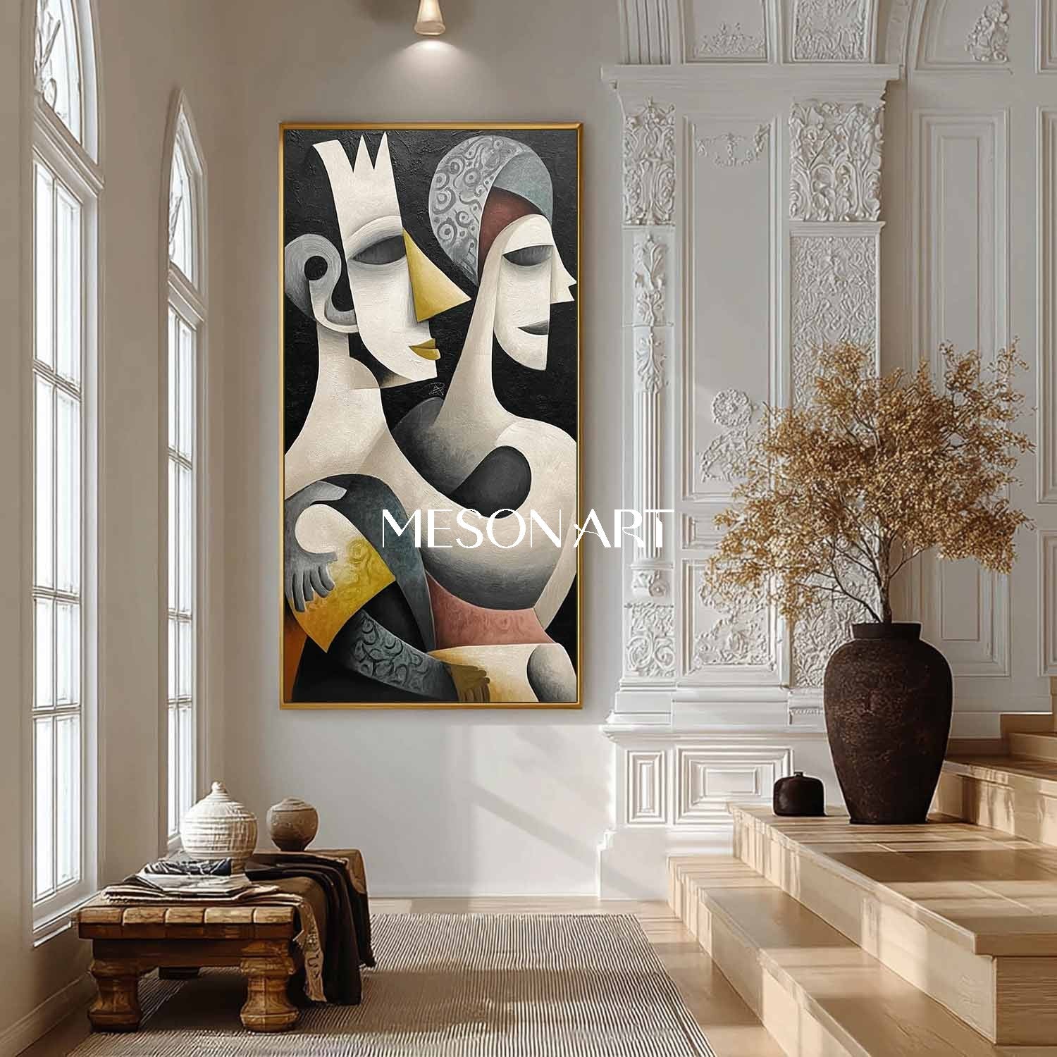 Luxury Surreal Cubist Canvas Black Abstract Textured Art Hallway