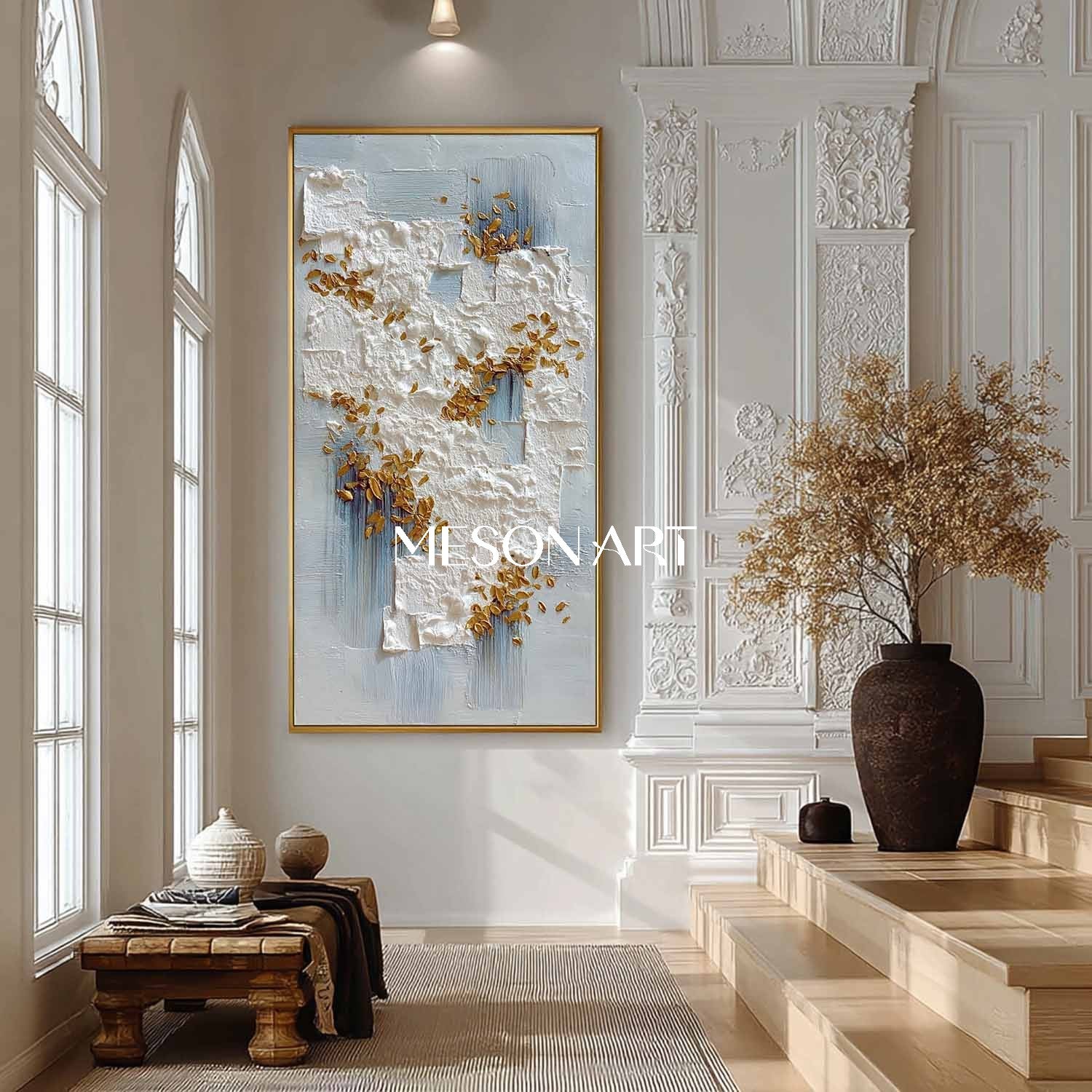 Wabi-Sabi Vertical Abstract Painting White Textured Modern Wall Art