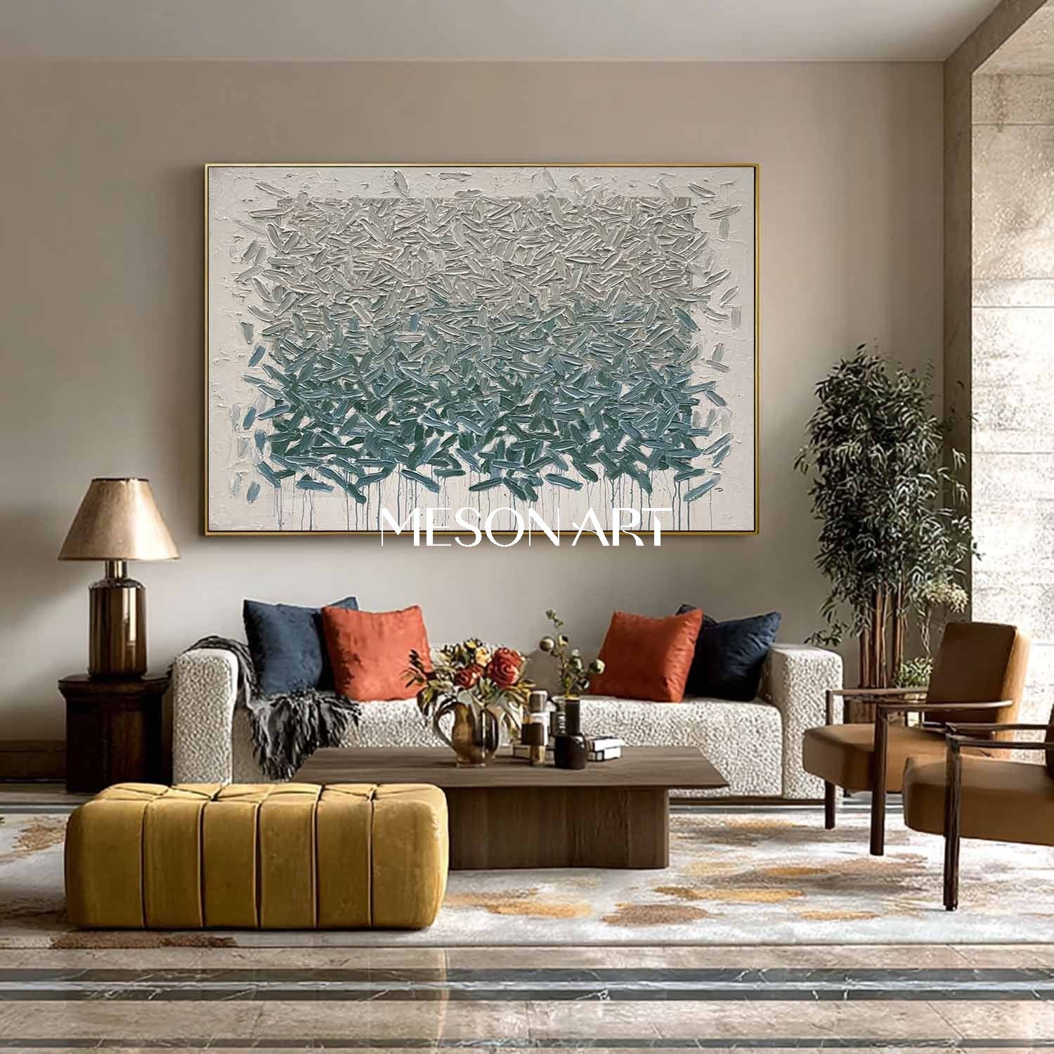 Horizontal Abstract Canvas Painting Grey Blue-Green Textured Wall Art