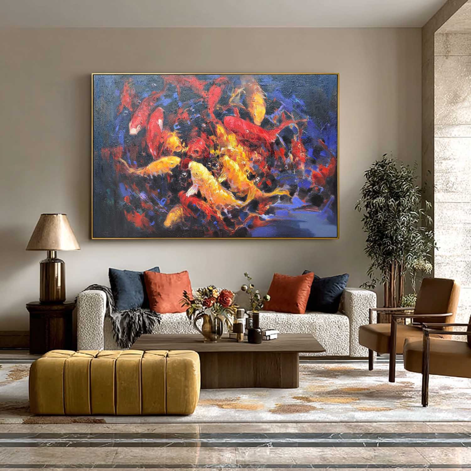 Large Realism Koi Fish Painting Colorful Wall Art Lucky Feng Shui Art