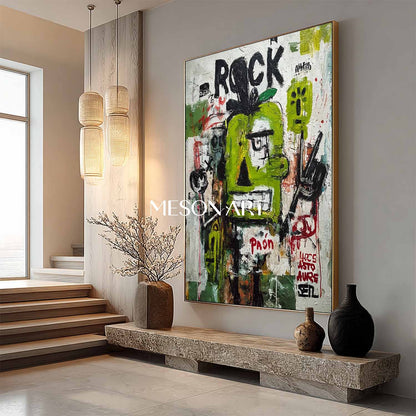 Original Rock Basquiat Inspired Green Abstract Painting Urban Wall Art
