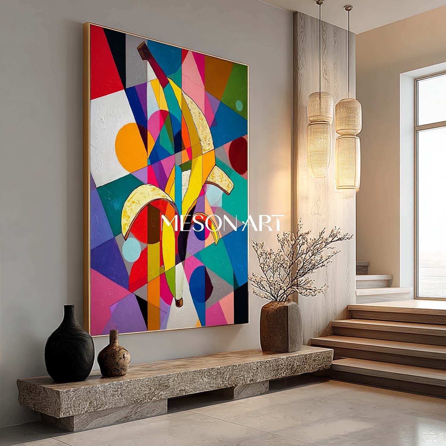 Modern Pop Art Banana Painting Vibrant Geometric Canvas Living Room