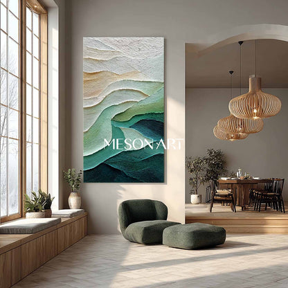 White and Green Abstract Texture Painting Modern Green Abstract Wall Art for Living Room Décor