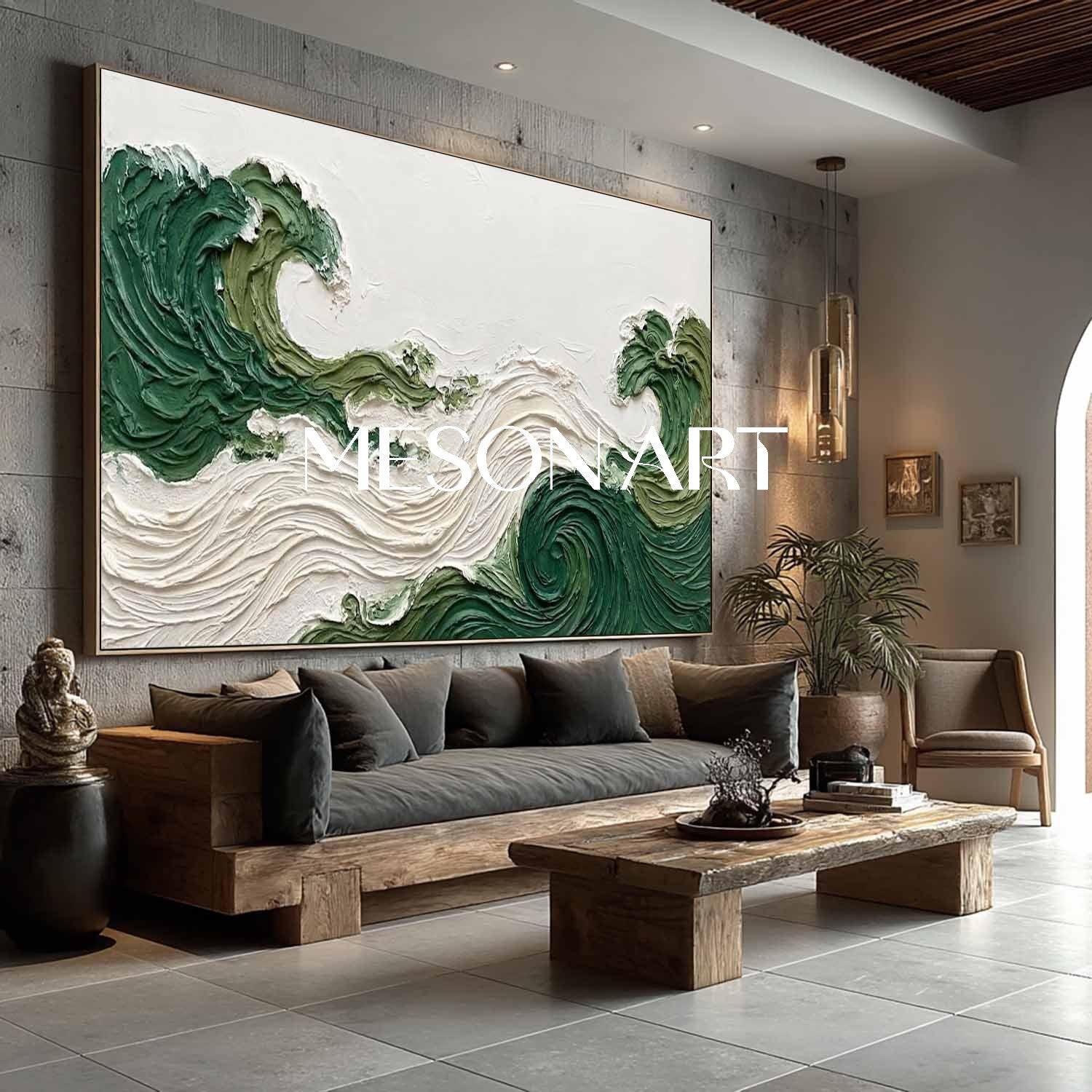 Large Abstract Green Beach Painting Panoramic Green Waves Bedroom Wall Decor Art
