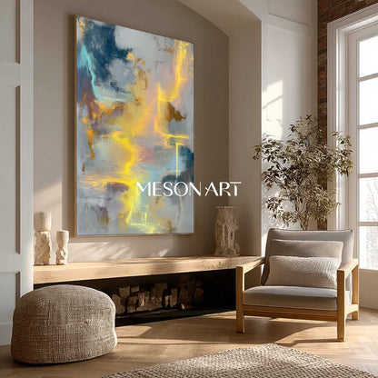 Large Abstract Blue and Gray Painting Contemporary Textured Artwork