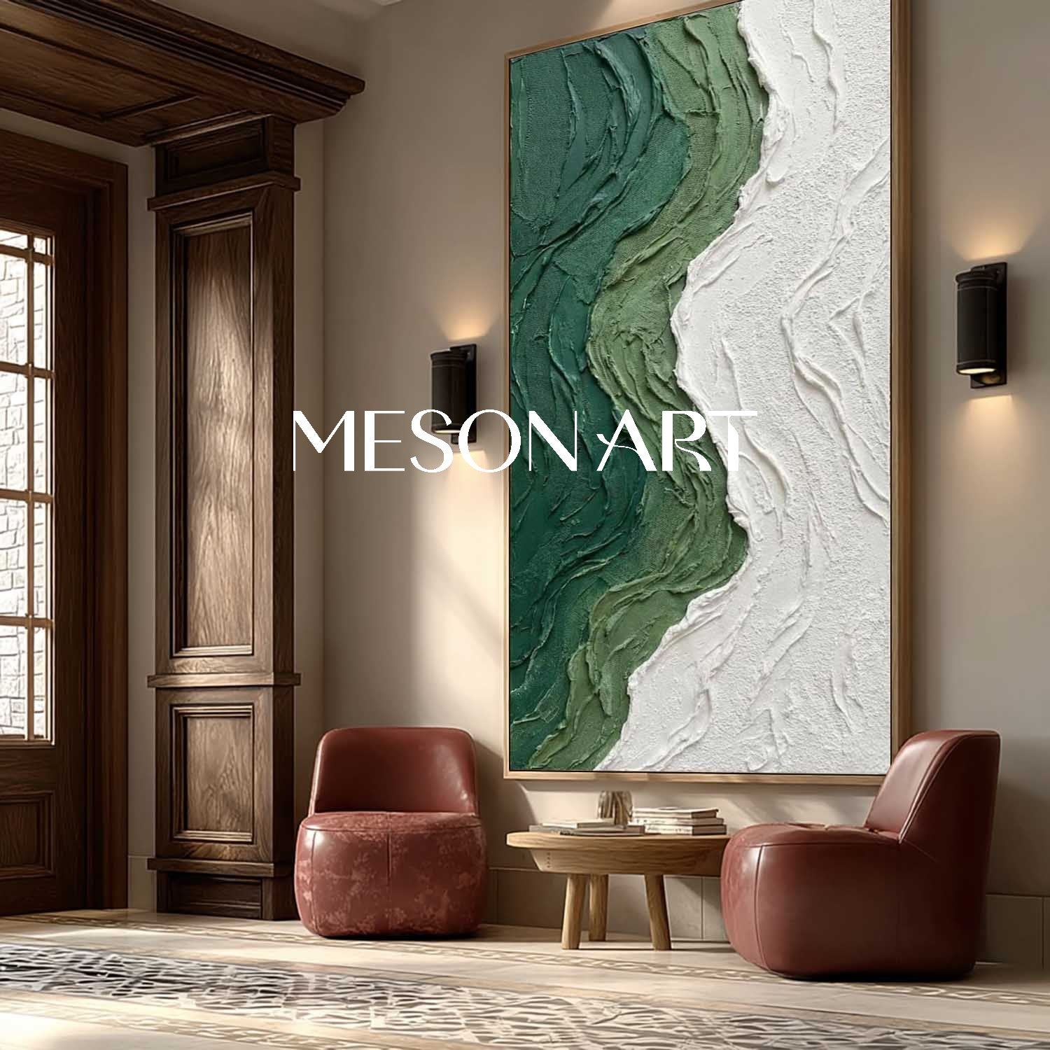 Dark Green Wall Art Heavy Texture Painting Minimalist Green Interior Decor