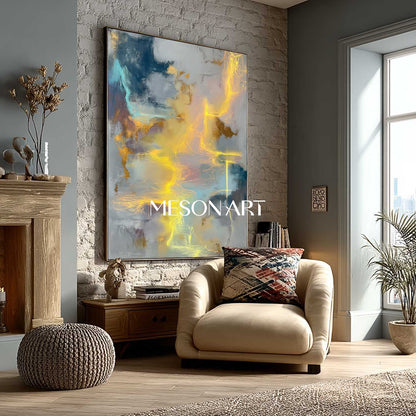 Large Abstract Blue and Gray Painting Contemporary Textured Artwork